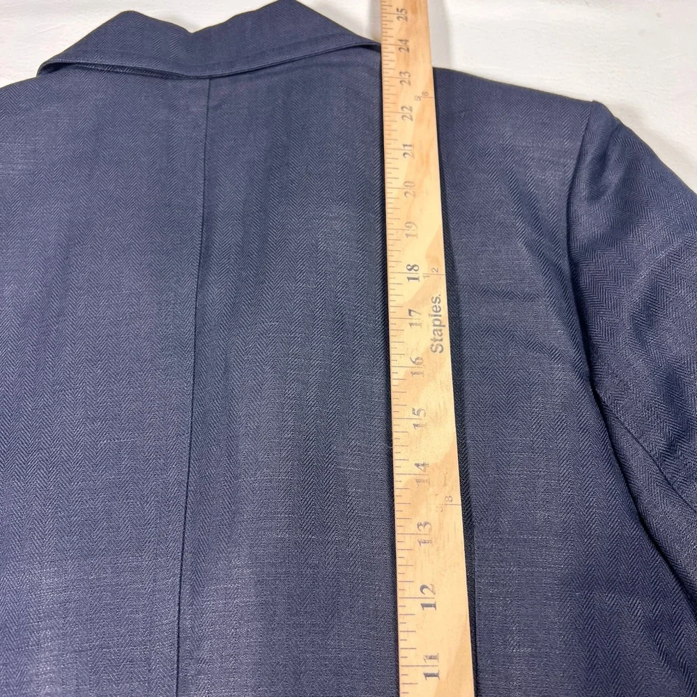 Emma James Linen Blend Blazer Women 16 Navy Blue Herringbone Professional Jacket